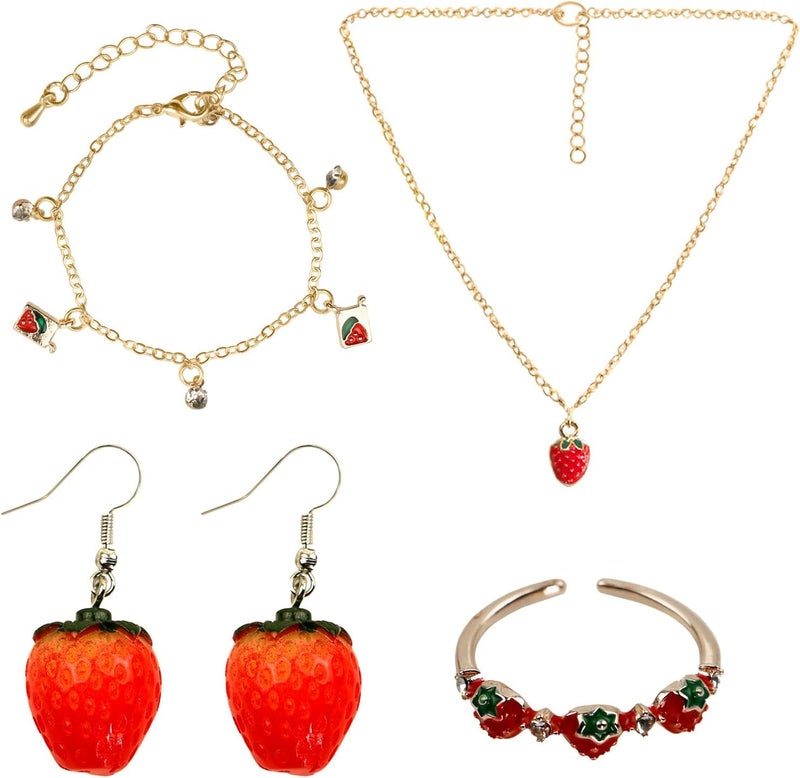 Voiiake Strawberry Costume Jewelry Set for Women - Cute Strawberry Accessories - Necklace, Earrings, Ring & Chain Bracelet for Halloween Party, Cosplay, Halloween Costumes - Image 1